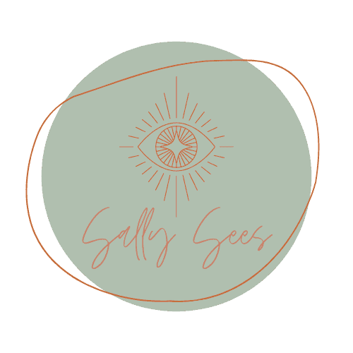 The Sally Sees Logo with a pale green circle with an eye graphic inside, with the words 'Sally Sees' in script style text