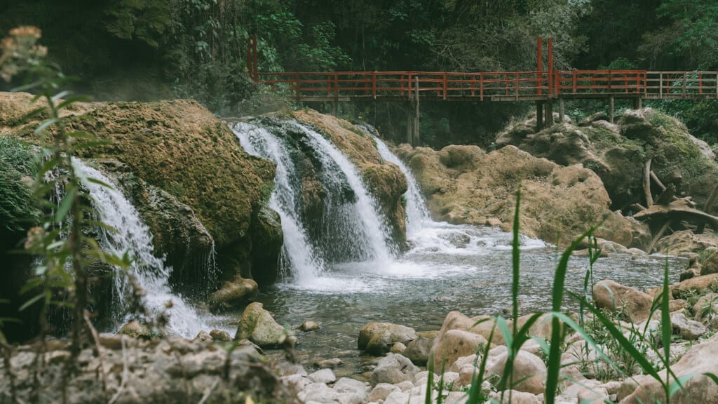 How to Visit Cascada El Aguacate: San Luis Potosi, Mexico 11 A tall waterfall at Cascada El Aguacate in Huasteca Potosina pours into a series of turquoise pools beside a red wooden footbridge. Dense forest and rocky terrain frame the vibrant natural scene.