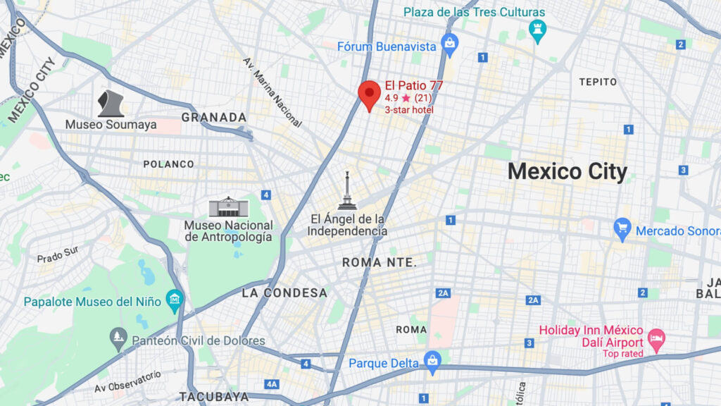 El Patio 77: Sustainable Bed and Breakfast Mexico City 5 A screenshot of a Google Map with the location of El Patio 77 pinned with a red icon and red text, in relation to the rest of Mexico City