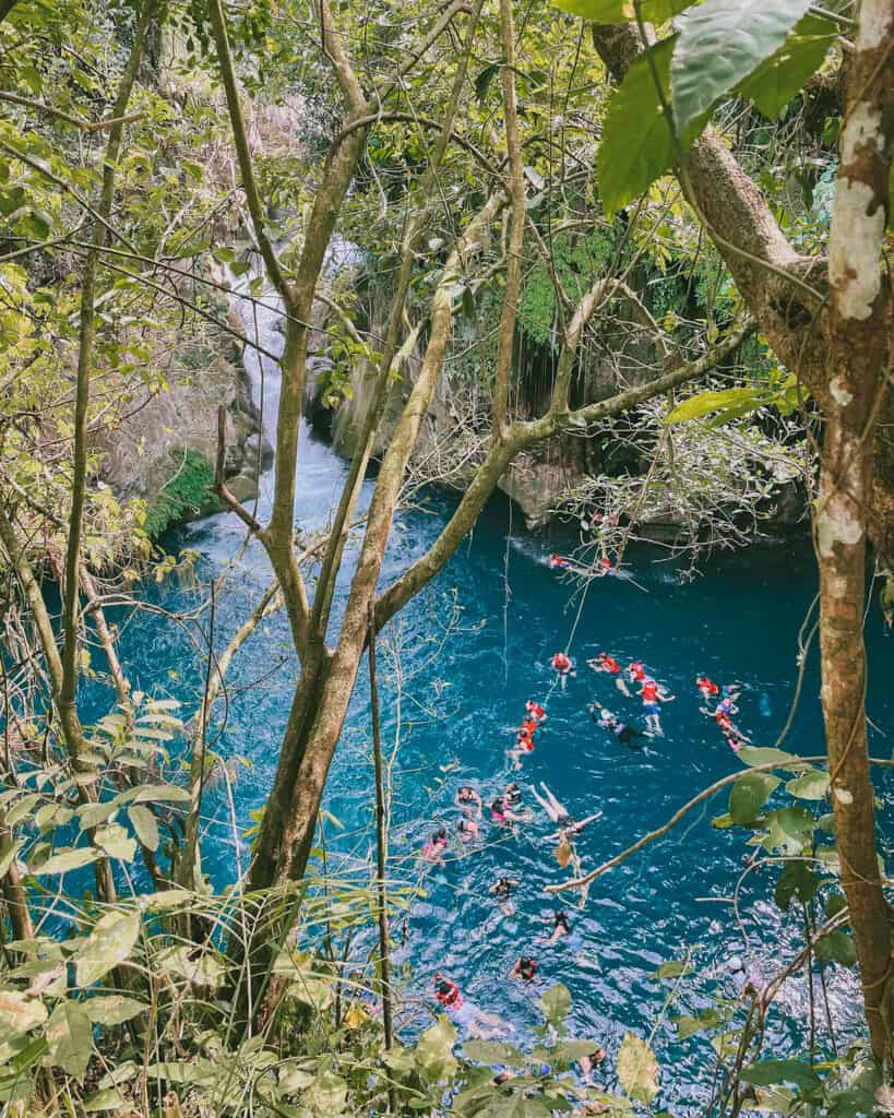 How to Visit Puente de Dios: Tamasopo, Huasteca Potosina 10 A group of visitors wearing life jackets swims in the vivid blue waters of Puente de Dios in Huasteca Potosina, surrounded by lush jungle and cascading waterfalls visible through the trees.