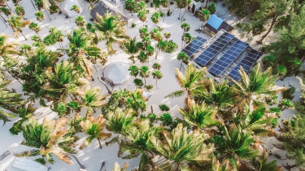Glamping at Hotel Cielo y Selva in the Sian Ka'an Biosphere Reserve 43 A drone shot of solar panels on a roof amongst palm trees