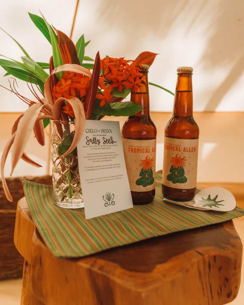 Glamping at Hotel Cielo y Selva in the Sian Ka'an Biosphere Reserve 12 A welcome gift inside a glamping tent consisting of two beers and a vase of fresh flowers
