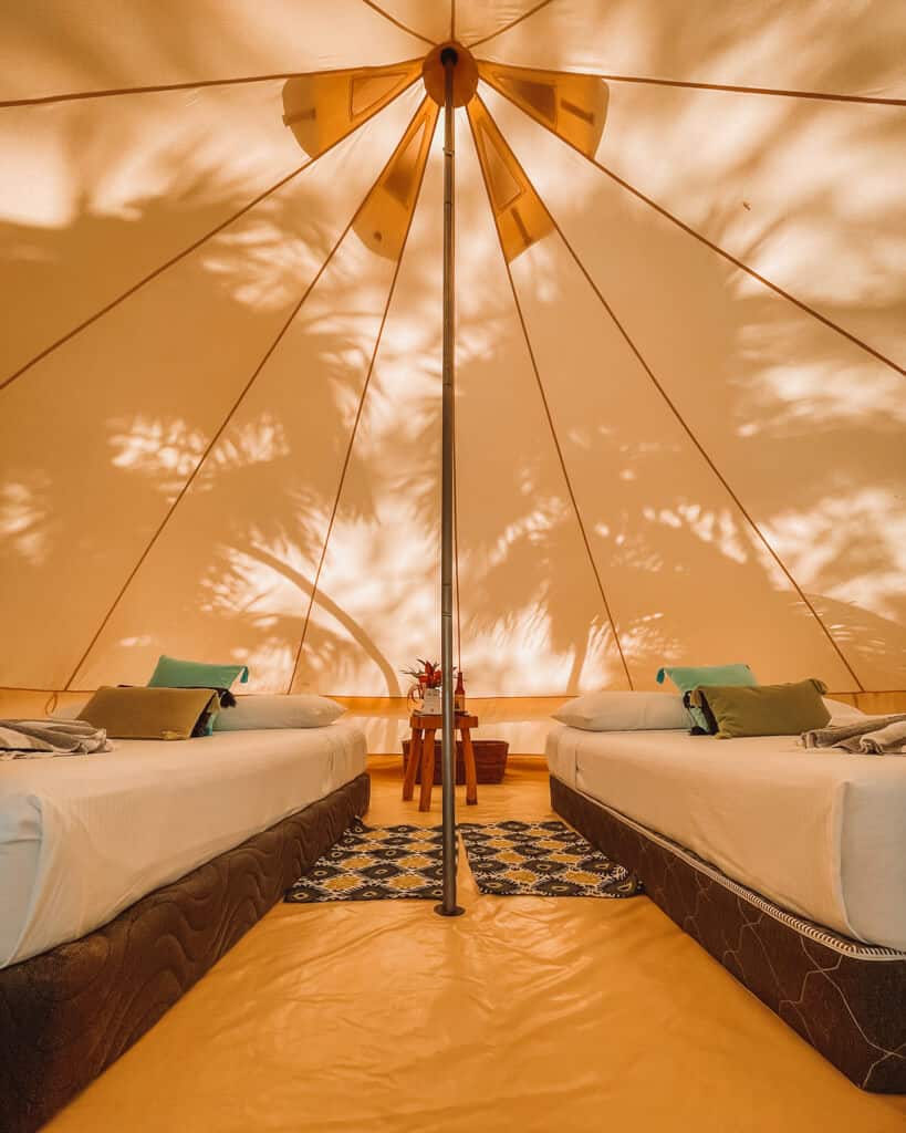 Glamping at Hotel Cielo y Selva in the Sian Ka'an Biosphere Reserve 10 The inside of a glamping tent with two double beds and palm shadows on the tent