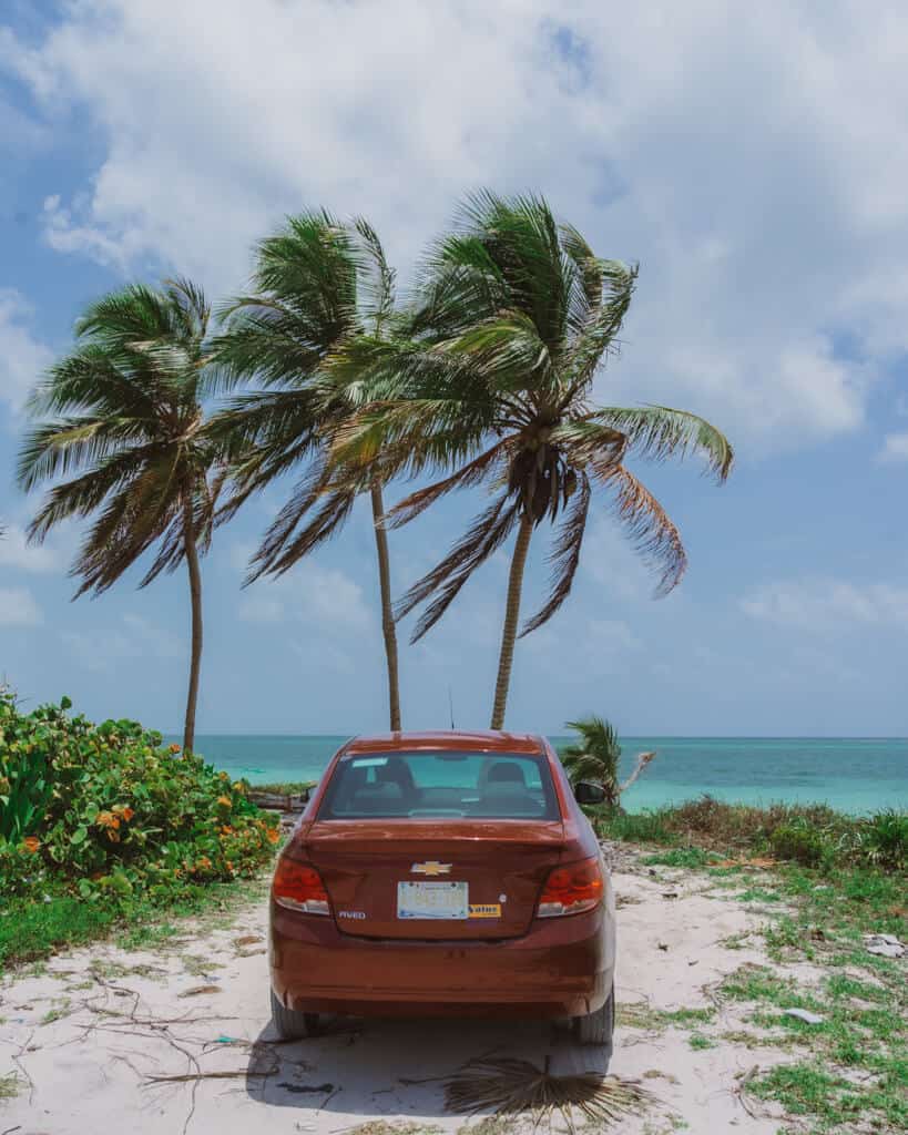 Glamping at Hotel Cielo y Selva in the Sian Ka'an Biosphere Reserve 8 Beach views in the Sian Ka'an Biosphere Reserve with a red car against three palm trees