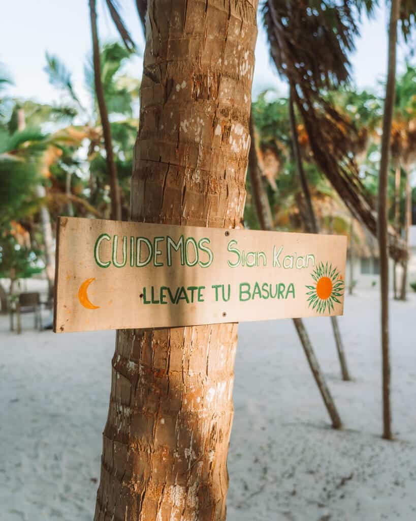 Glamping at Hotel Cielo y Selva in the Sian Ka'an Biosphere Reserve 26 A painted sign hanging on a palm tree that says cuidemos Sian Kaan