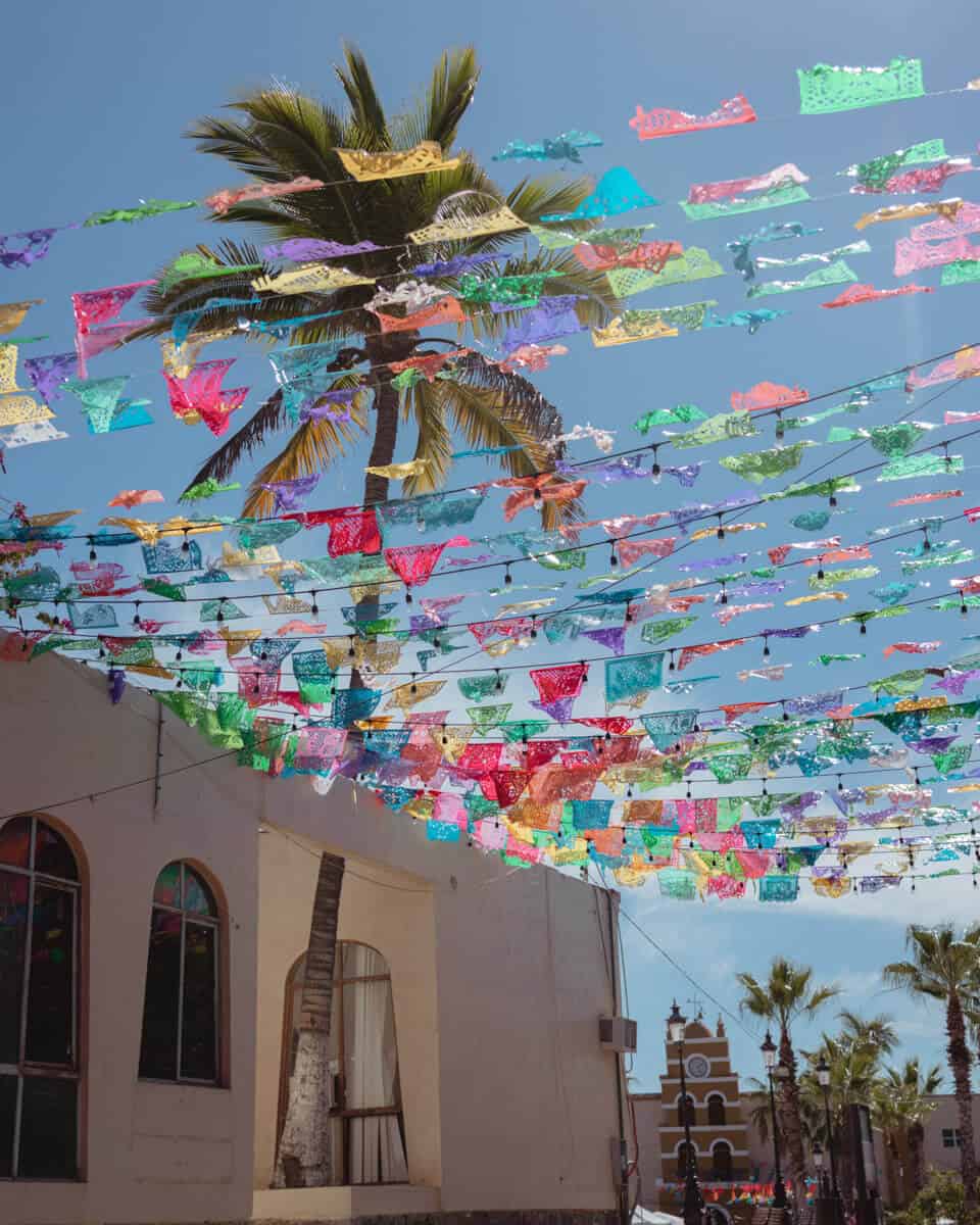 Colourful flags strung across a street in Todos Santos against a beige historic building with a palm tree growing out of it