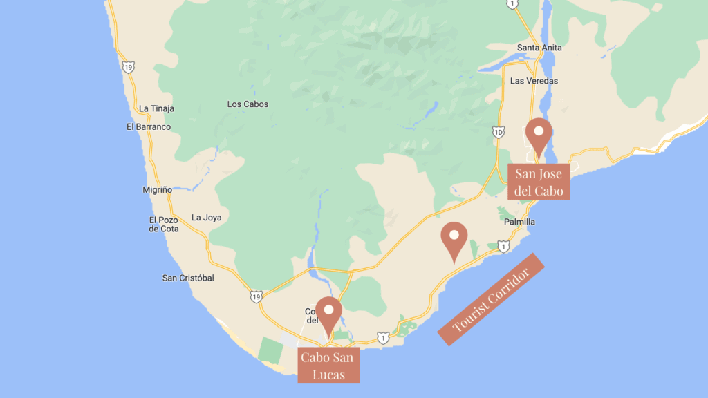 A screenshot of a Google Map of the Los Cabos area with text labels showing San Jose del Cabo, Tourist Corridor and Cabo San Lucas