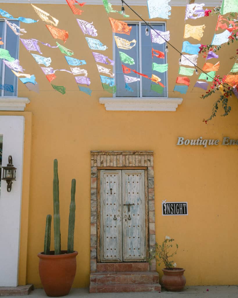 A cute doorway with a cactus and colourful flags in San Jose del Cabo