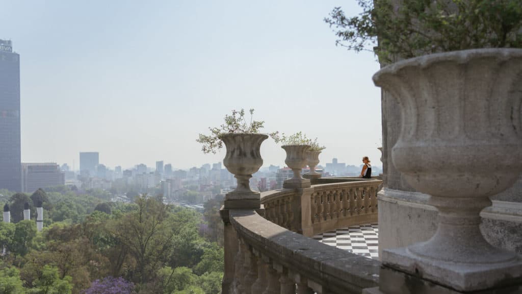 Sally standing on the balcony of Castillo Chapultepec overlooking Mexico City