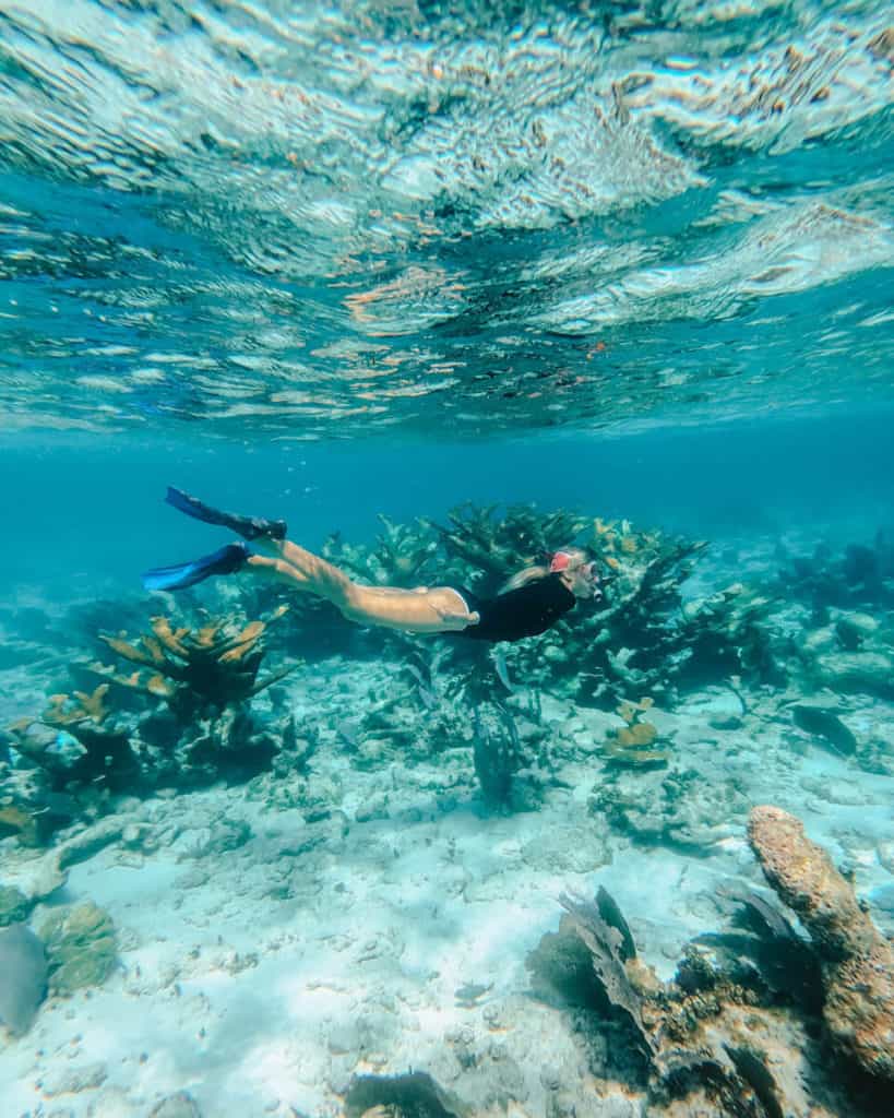 Sally snorkelling in front of colourful coral in Caye Caulker