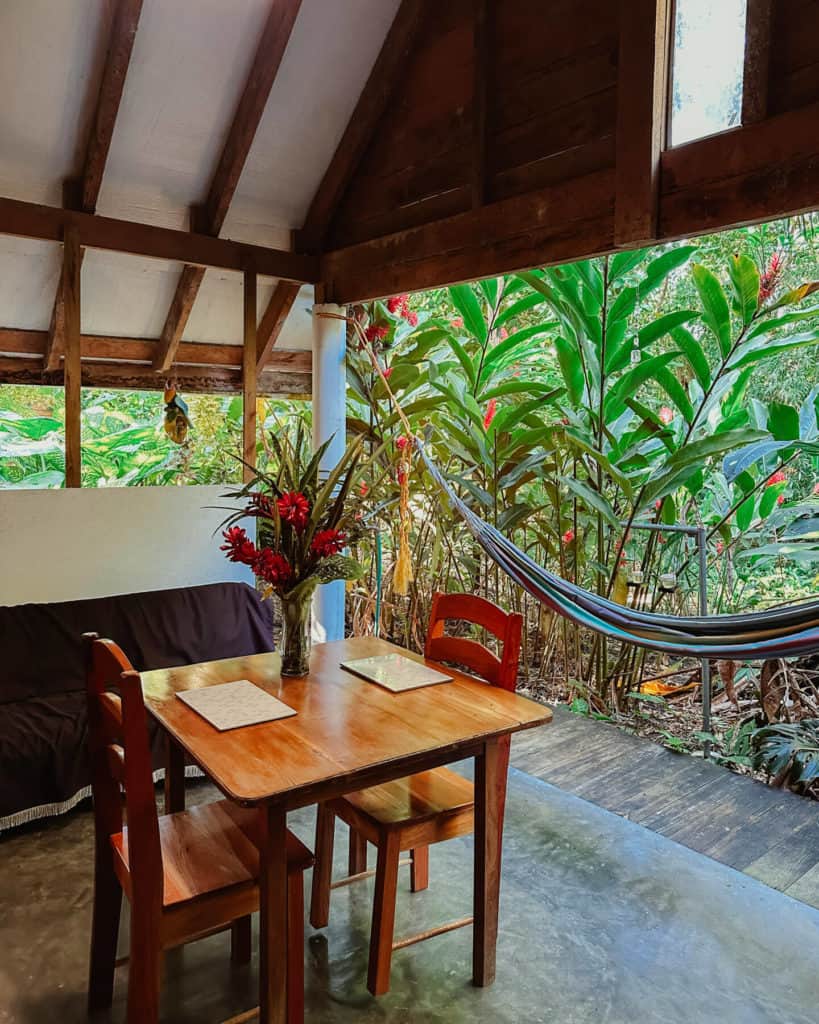 Where to Stay in San Ignacio Belize: Town or Jungle Lodge? 9 An outdoor table with chairs and a vase of flowers, plus a hammock on an outdoor patio surrounded by greenery at Hummingbird Rest, a hotel in San Ignacio Belize.
