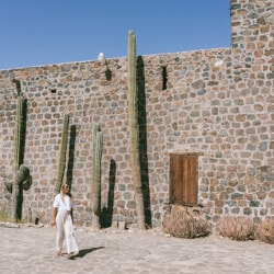 Sally Sees walking in front of an old stone church building in the desert with tall single cacti growing against the wall