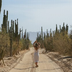 Sally Sees walking down a dirt road in the desert surrounded by tall cactus, with her arms above her head, facing away from the camera