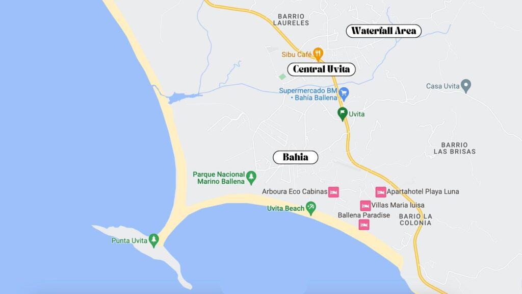 A screenshot of a Google Map of the town of Uvita, with labels showing the different neighbourhoods, labelled Central Uvita, Waterfall Area and Bahia
