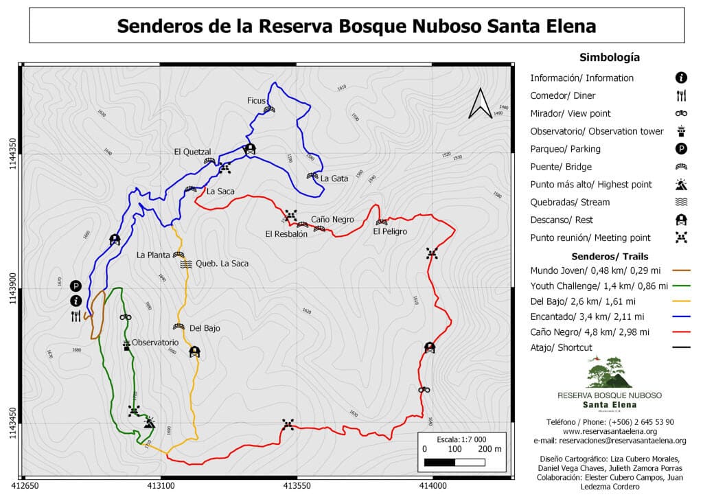 A digital map of the Santa Elena Cloud Forest Reserve with different coloured trails marked