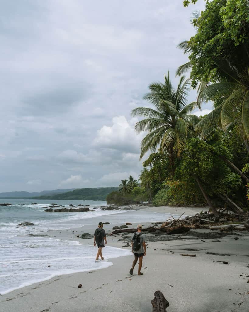 Brayden and friend exploring a deserted beach in Montezuma, with waves gently lapping the shore and tropical palms swaying overhead