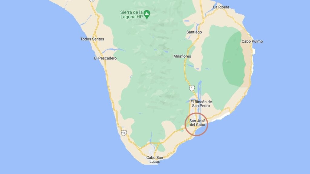 A screenshot of a Google Map with San Jose del Cabo circled