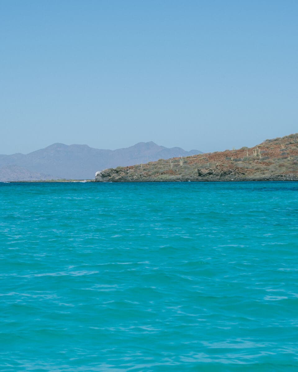 The Quintessential Baja California Sur Road Trip Itinerary 39 Vibrant turquoise waters contrasted against an arid desert landscape with cactus growing on Isla Coronado Loreto