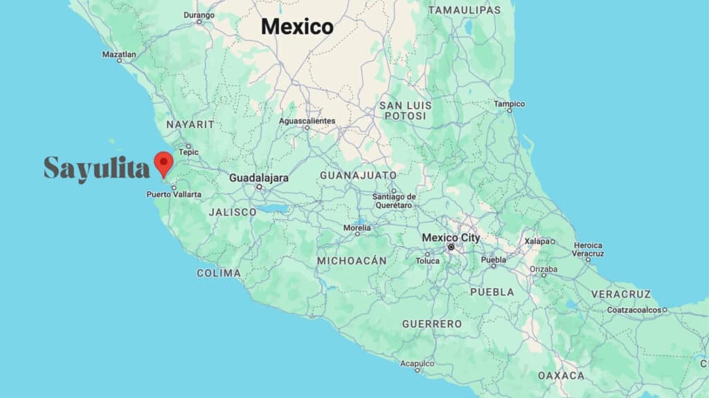 A screenshot of a Google Map showing the location of Sayulita in relation to the rest of Mexico
