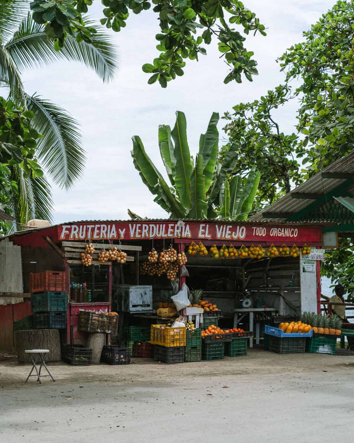 10 Best Beach Towns in Costa Rica: Which is Right For You? 11 A fruit and vegetable stall on the roadside in Puerto Viejo, with bags of oranges and onions hanging from the roof, and pineapples, mangos and papayas in trays on the ground