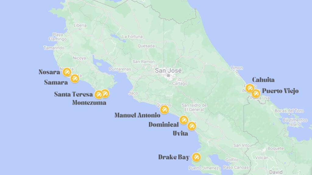 A screenshot of a Google Map with the 10 best beach towns in Costa Rica pinned with a yellow umbrella symbol with text overlaid labelling them