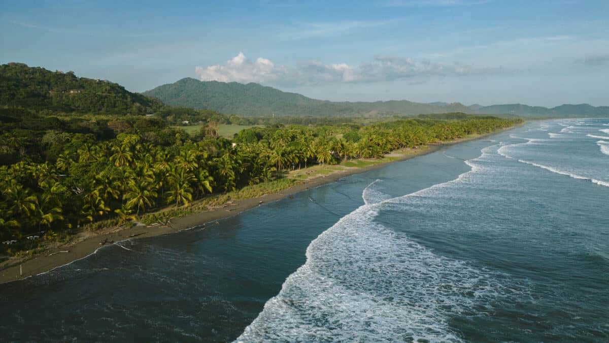 Aerial view of a lush coastline with waves gently crashing onto a dark sandy beach, bordered by dense tropical vegetation and a backdrop of rolling hills, in one of the best beach towns in Costa Rica.
