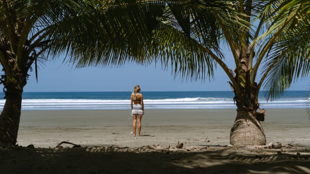 Sally stands between two palm trees, gazing at the ocean's horizon on a tranquil Costa Rican beach