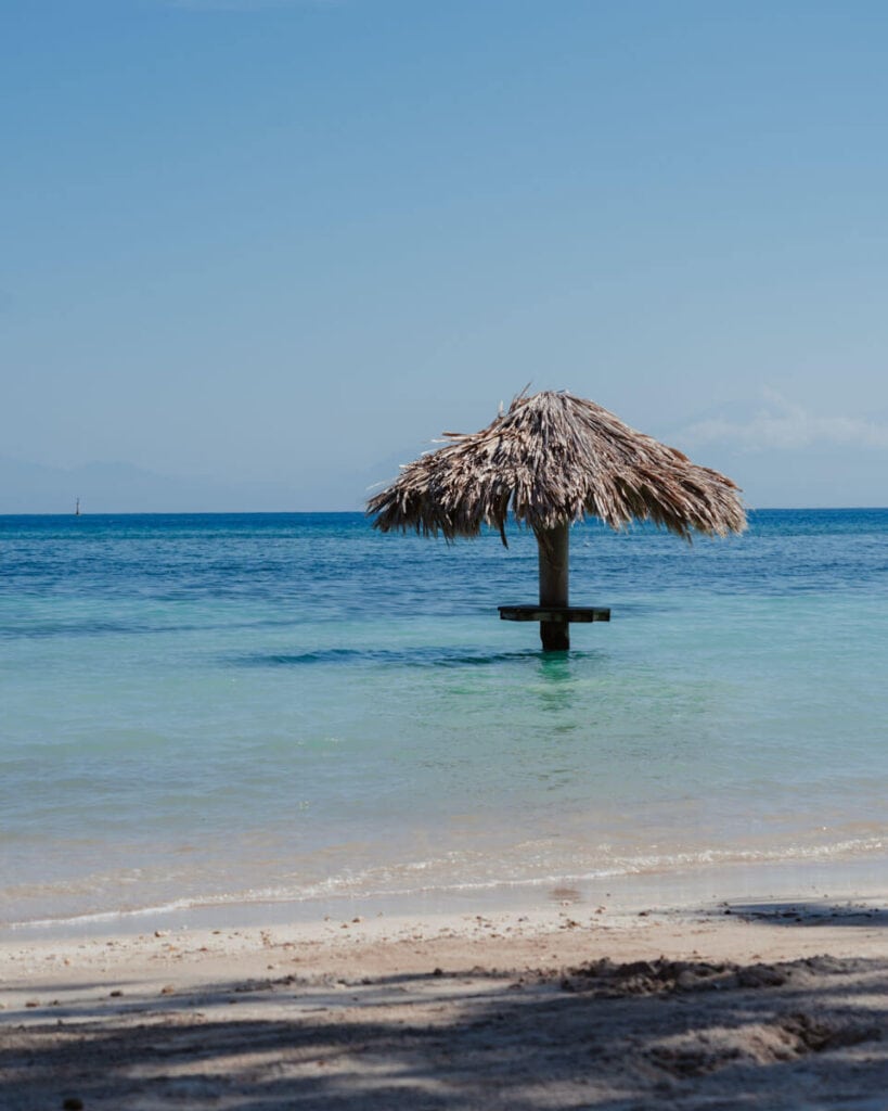 16 Best Things to Do in Utila, Honduras (Diving & More) 26 Tranquil and clear waters of Utila's beachfront with a thatched-roof palapa standing solitary in the sea