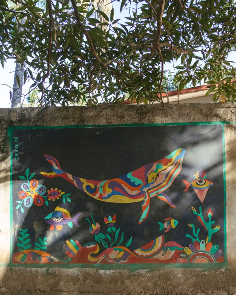 San Pancho Mexico Travel Guide: Tropical Bliss in Nayarit 3 A concrete wall with a colourful geometric mural of a whale and other sea creatures