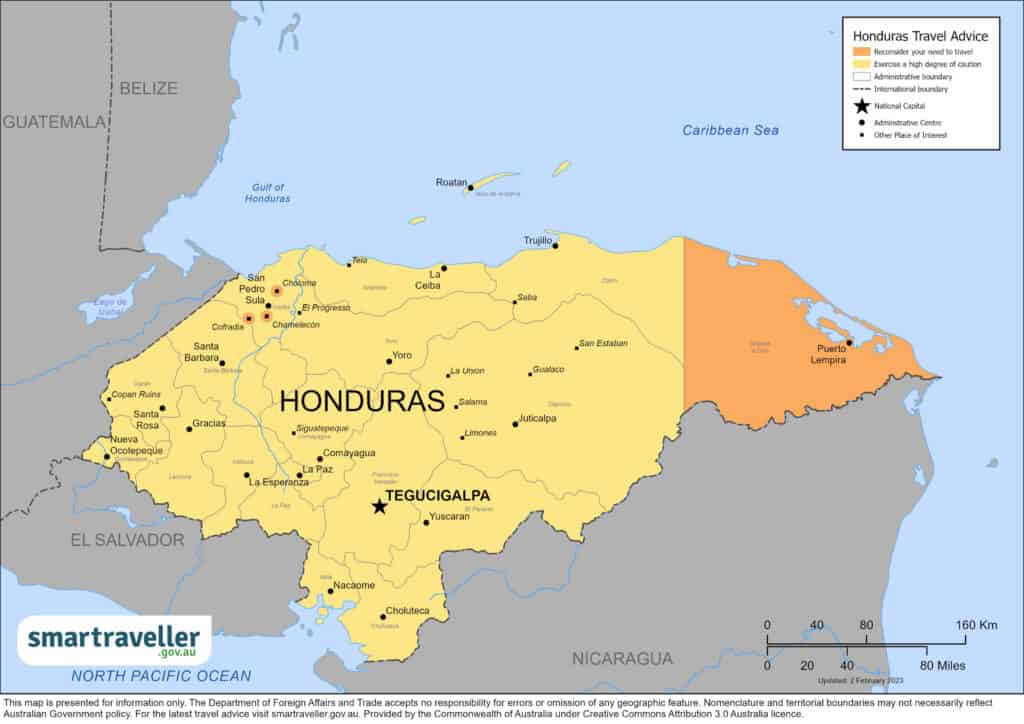 A map of Honduras from the Australian Government SmartTraveller website indicating the safety rating colour of the country (yellow level 2) with certain regions and cities coloured orange (level 3, higher risk). 