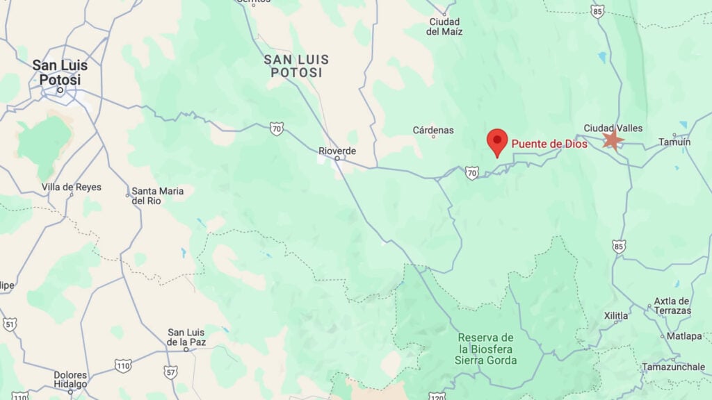 How to Visit Puente de Dios: Tamasopo, Huasteca Potosina 7 A screenshot of a Google Map with the location of Puente de Dios pinned in red text. There is a maroon star on the location of Ciudad Valles.