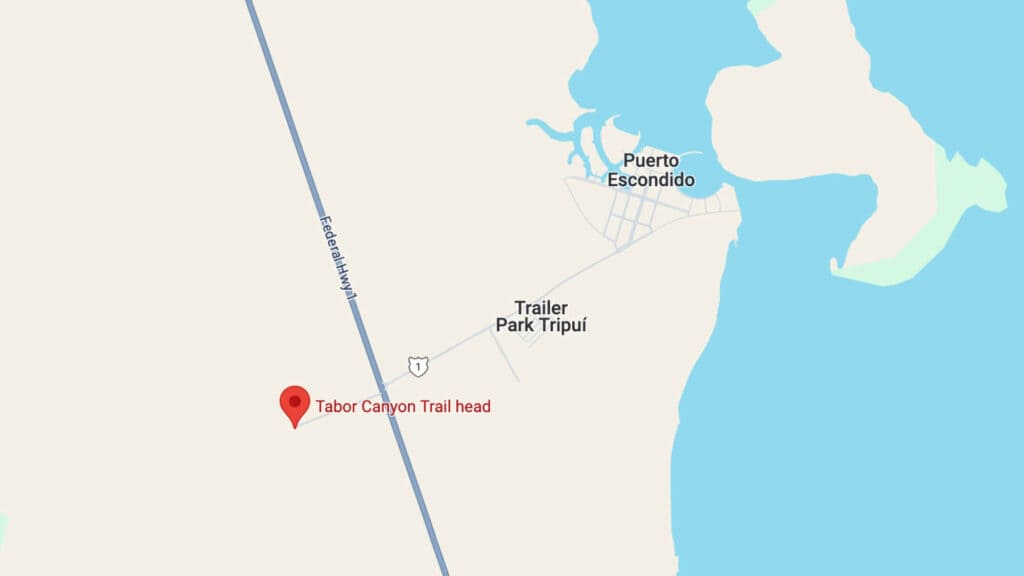 Tabor Canyon, Loreto Hiking Guide 4 A close up screenshot of a Google Map with the Tabor Canyon trail head pinned with a red icon and text on Highway 1 in Loreto