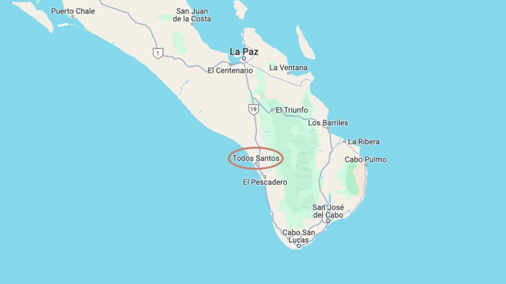 A screenshot of a Google Map showing the southern section of Baja California Sur, with the location of Todos Santos circled in a maroon line