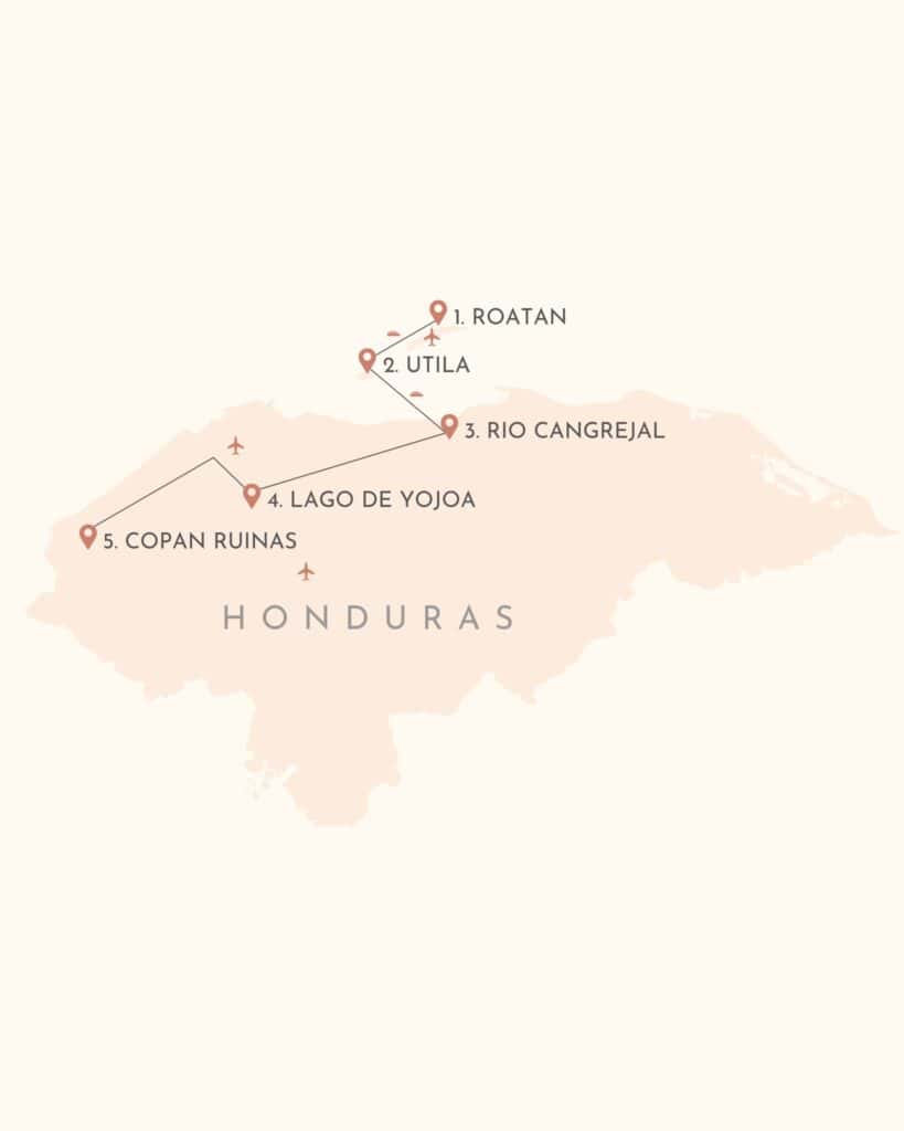 The Perfect 2 - 3 Week Honduras Itinerary 4 Minimalist map of Honduras showing a travel route through five destinations marked with pins and labeled in order: 1. Roatan, 2. Utila, 3. Rio Cangrejal, 4. Lago de Yojoa, and 5. Copan Ruinas. The path is illustrated with connecting lines and airplane icons, highlighting a suggested itinerary across the country.