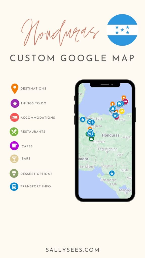 A Canva graphic advertising a custom Honduras Google Map with pins for different categories like restaurants, activities, where to stay etc.