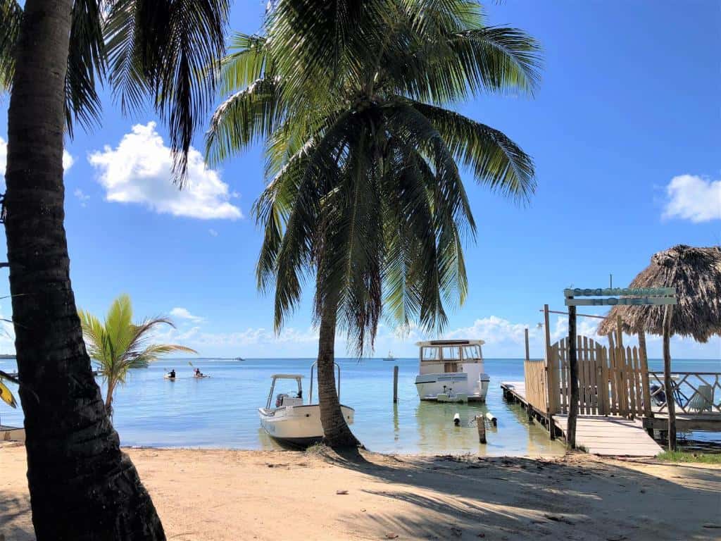 Where to Stay in Caye Caulker: 16 Options For All Budgets 13 A tranquil beachfront scene in Sea Dreams Hotel Caye Caulker, Belize, with palm trees framing a small dock, thatched-roof seating area, and boats gently floating on calm turquoise waters under a bright blue sky.
