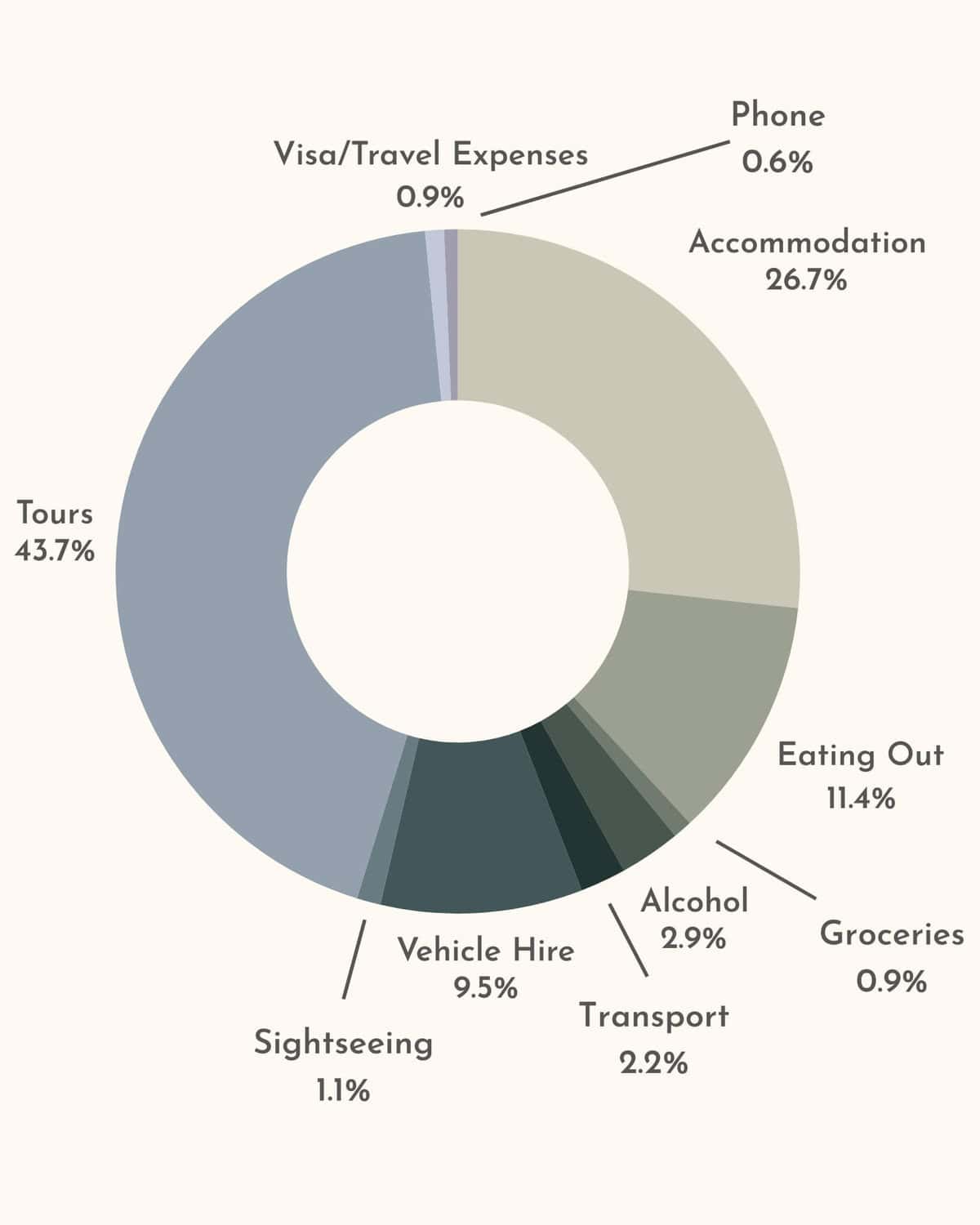 Our Belize Trip Cost: Is Belize Expensive? 13 A pie chart with neutral earthy tones outlining a breakdown of our Belize expenses and what % we spent on each category. The biggest was tours, accommodation and eating out.
