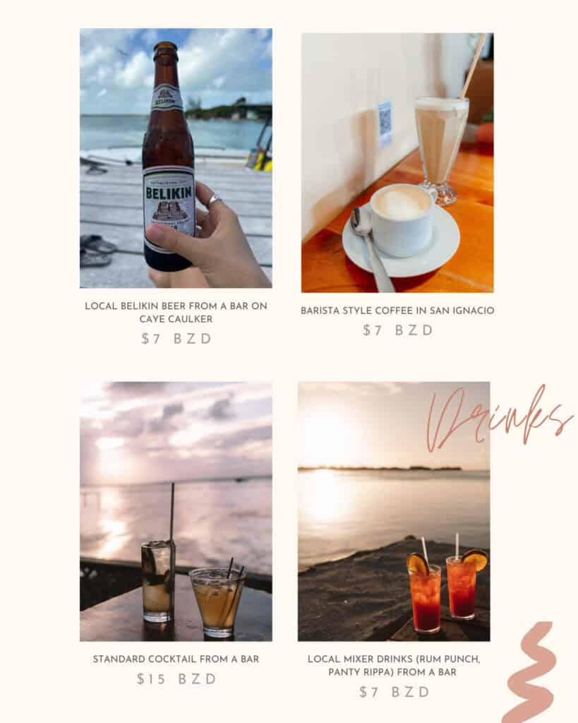 Our Belize Trip Cost: Is Belize Expensive? 9 A Canva graphic with a mix of images and text labels showcasing typical prices in Belize, this slide is about drinks, like coffee, local beer and cocktails.