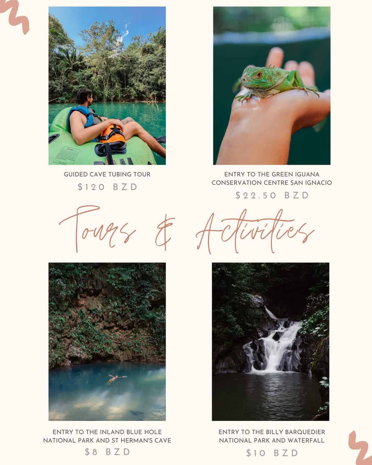 Our Belize Trip Cost: Is Belize Expensive? 11 A Canva graphic with a mix of images and text labels showcasing typical prices in Belize, this slide is about tours and activities.