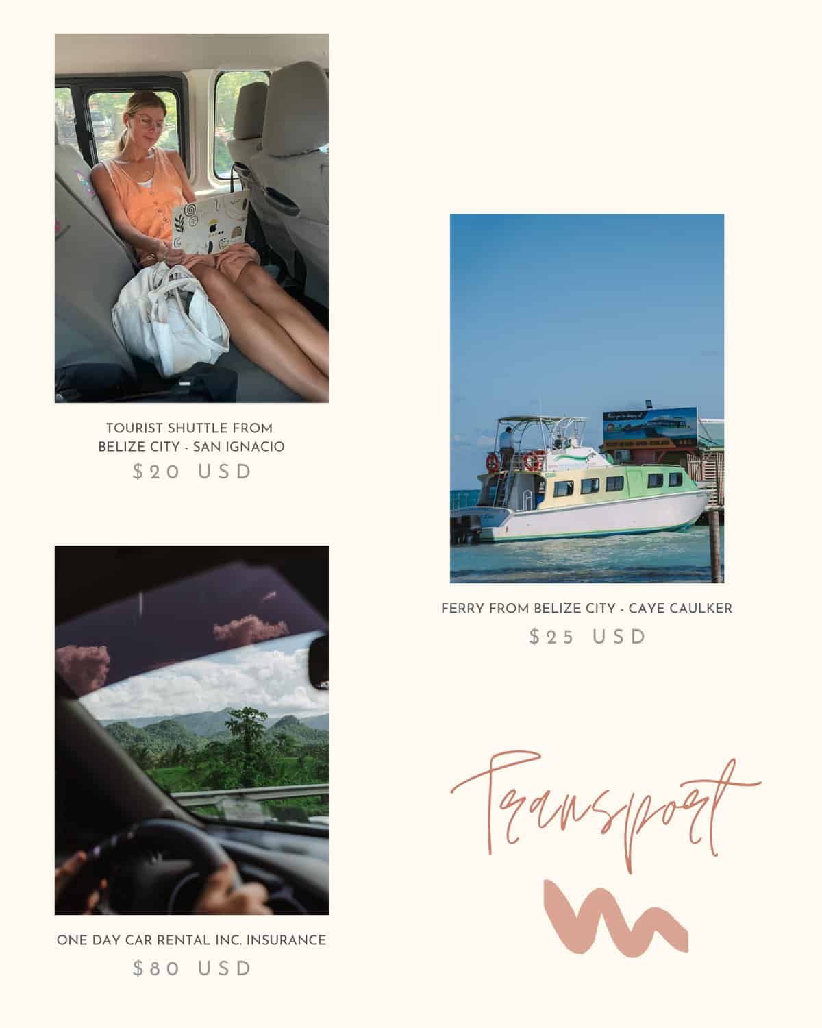 Our Belize Trip Cost: Is Belize Expensive? 12 A Canva graphic with a mix of images and text labels showcasing typical prices in Belize, this slide is about transport.