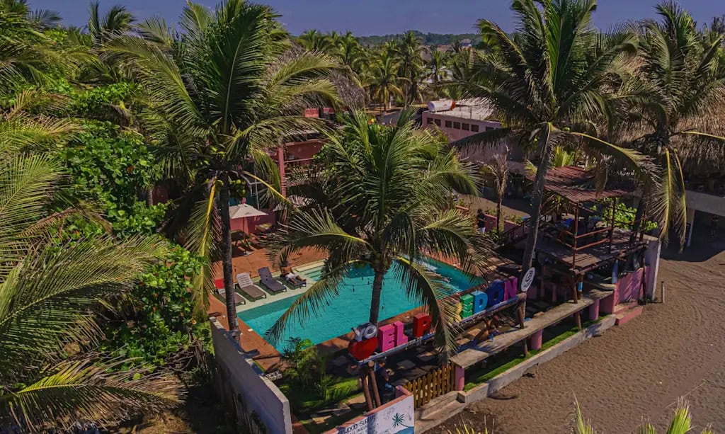 Everything You Need to Know About El Paredon Guatemala 8 Aerial view of the pool, palm trees and beachfront atmosphere at Driftwood Surfer in El Paredón, Guatemala.