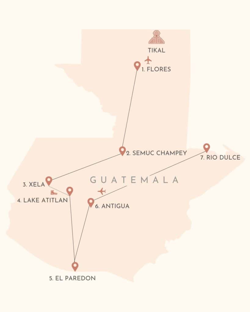 Best 1 Month Guatemala Itinerary: Highlights & Hidden Gems 5 A screenshot of a Google Map with a Guatemala itinerary overlaid, with text boxes, location pins and lines connecting a route.
