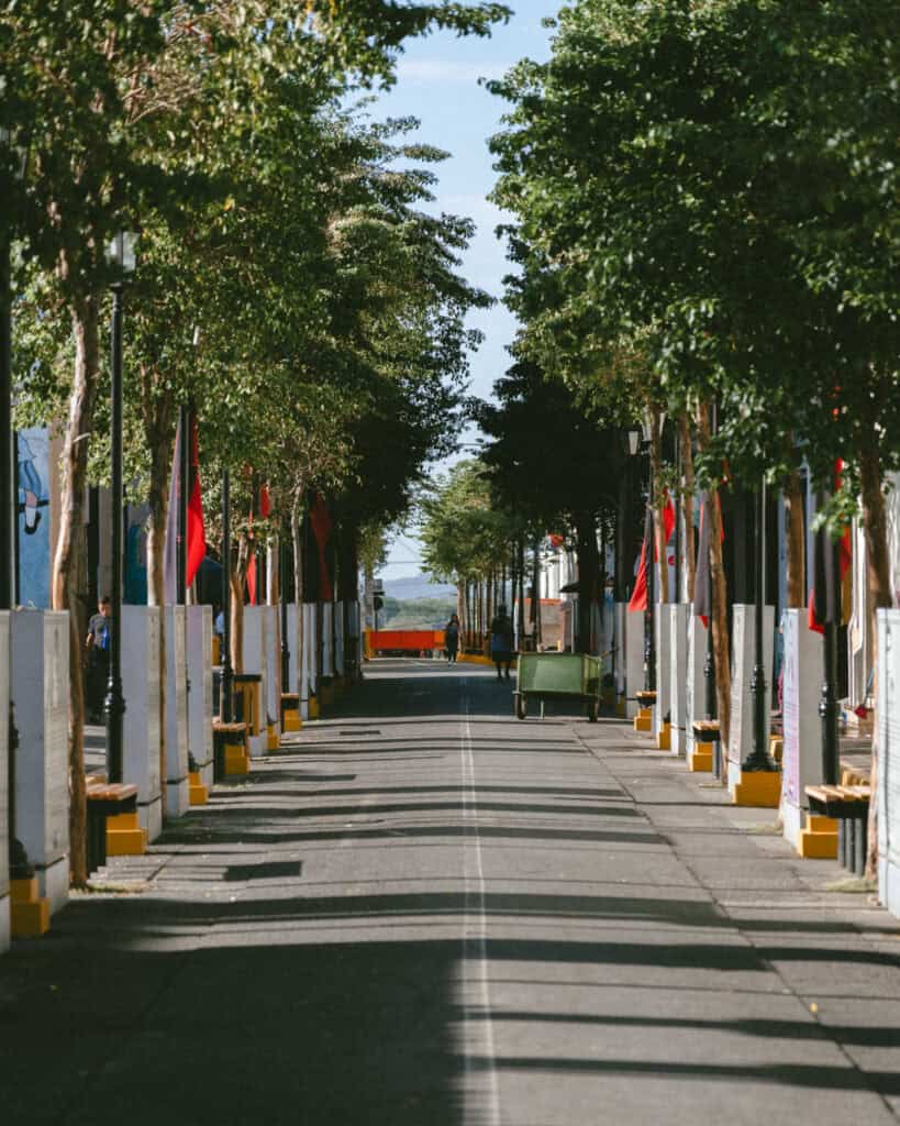 18 Best Things to Do in Leon, Nicaragua 38 A serene walkway lined with trees and commemorative plaques in León, Nicaragua, leading to the Mausoleo de los Héroes y Mártires.