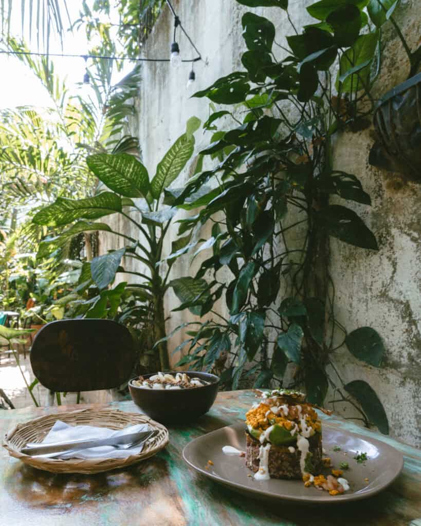 Leon, Nicaragua Travel Guide: The City of Revolution 29 A vibrant garden dining area at Coco Calala, with sunlight filtering through tropical plants.