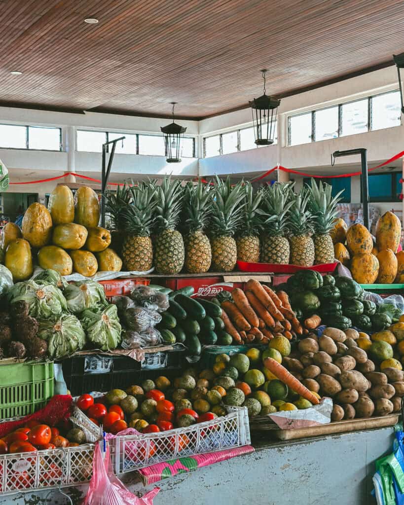 18 Best Things to Do in Leon, Nicaragua 26 A vibrant market stall in Mercado Central, León, displaying fresh pineapples, papayas, and other local produce.