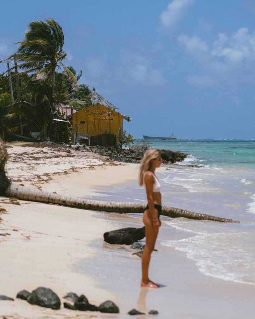Nicaragua Travel Guide: Land of Lakes and Volcanoes 13 Sally gazing at the horizon on Cocal Beach, surrounded by a peaceful tropical scene of sand and sea.