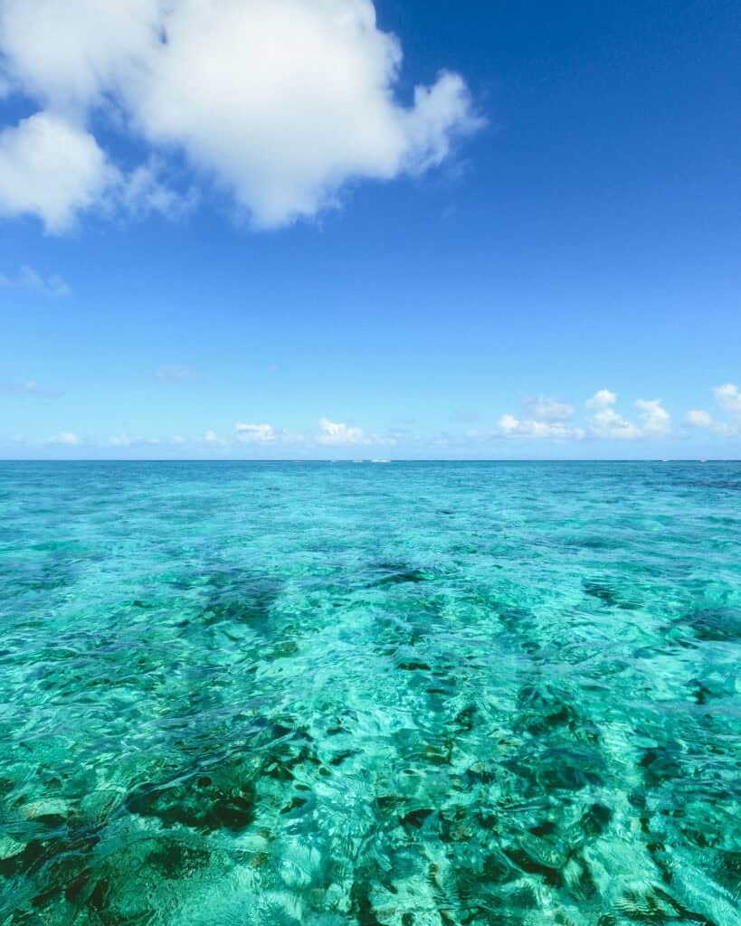 Corn Islands Nicaragua: Paradise on Big & Little Corn 7 Close-up of the ocean reef with crystal-clear waters reflecting the sky, taken off the east side of Little Corn Island.