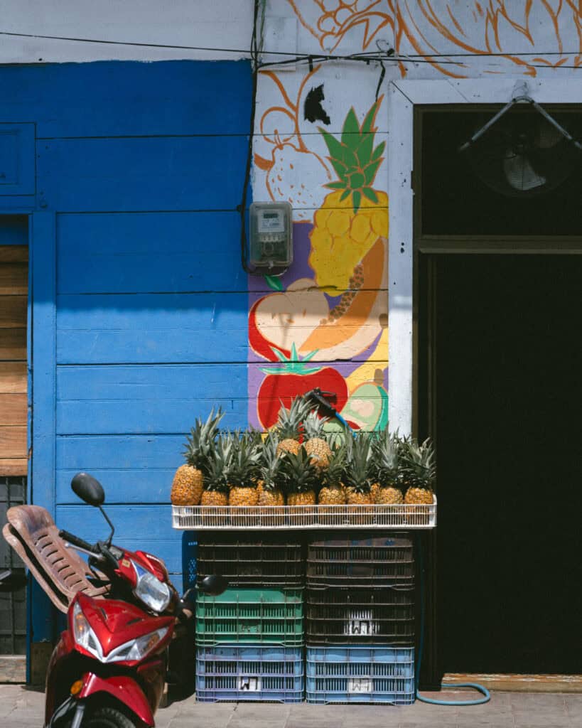 Our Nicaragua Travel Cost: Is Nicaragua Cheap? 27 A close-up of a fruit stand displaying ripe pineapples, set against a colorful mural on the blue walls of a shop in San Juan del Sur, Nicaragua.