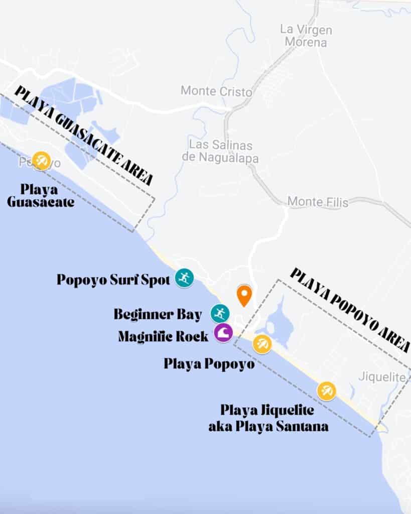 Popoyo, Nicaragua Travel Guide: Surf, Sand and Sunsets 9 A Canva graphic with a Google Map of Popoyo Nicaragua overlaid with text and icons pointing out different beaches and landmarks.