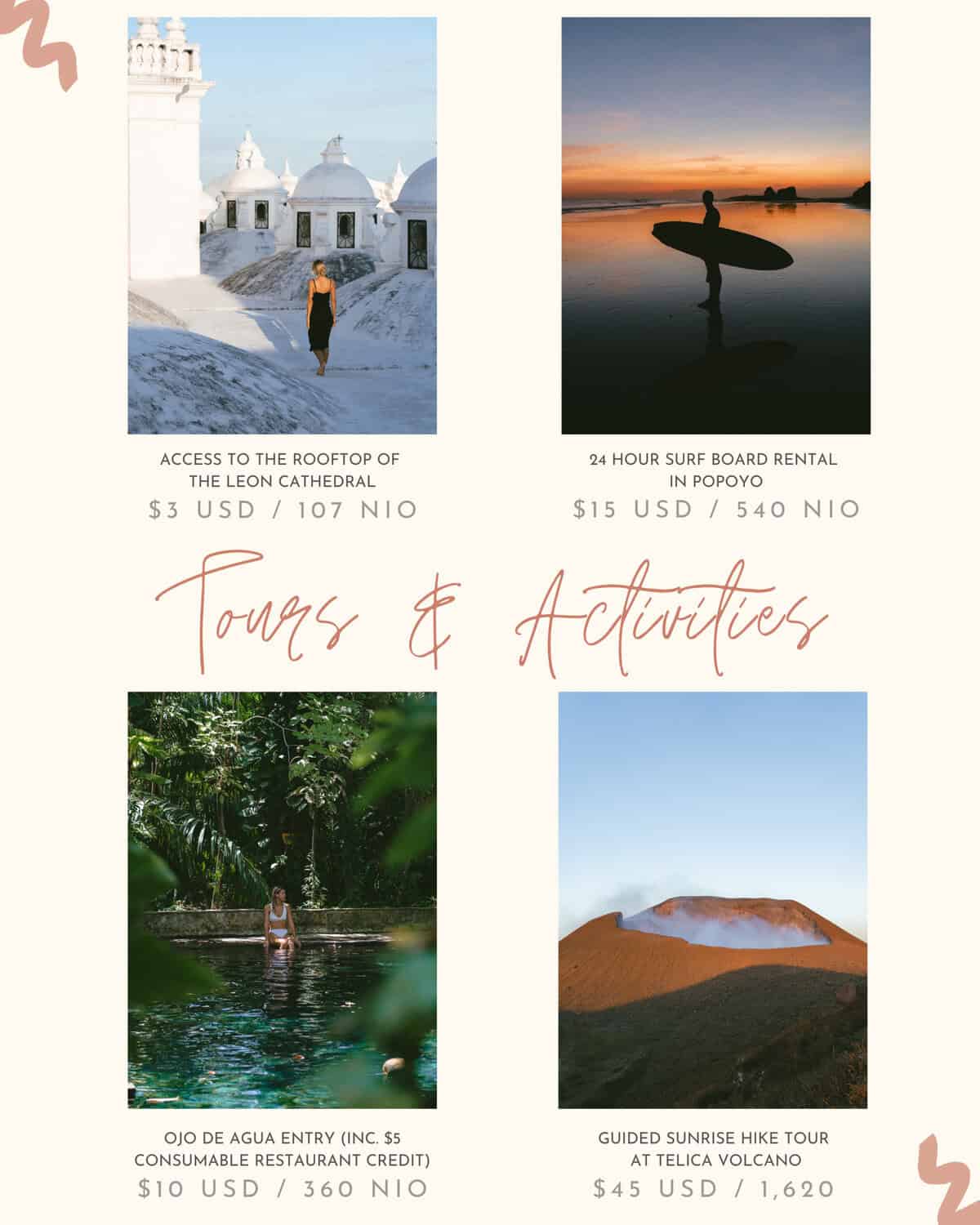 Our Nicaragua Travel Cost: Is Nicaragua Cheap? 7 A Canva graphic with a mix of images and text labels showcasing what things typically cost in Nicaragua, this slide is about tours and activities.